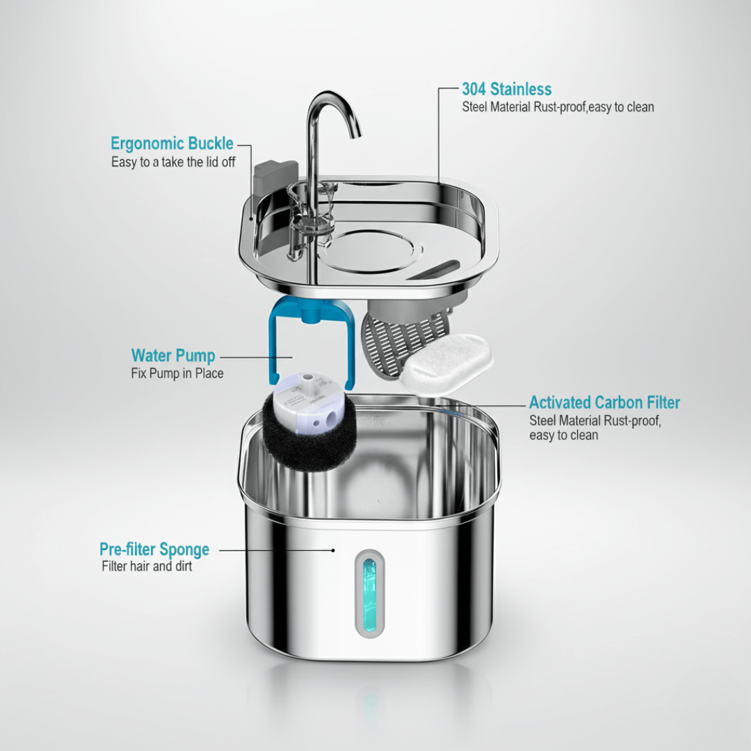 Vet-Approved Stainless Steel Cat Water Fountain – 74oz Filtered Pet Hydration Dispenser