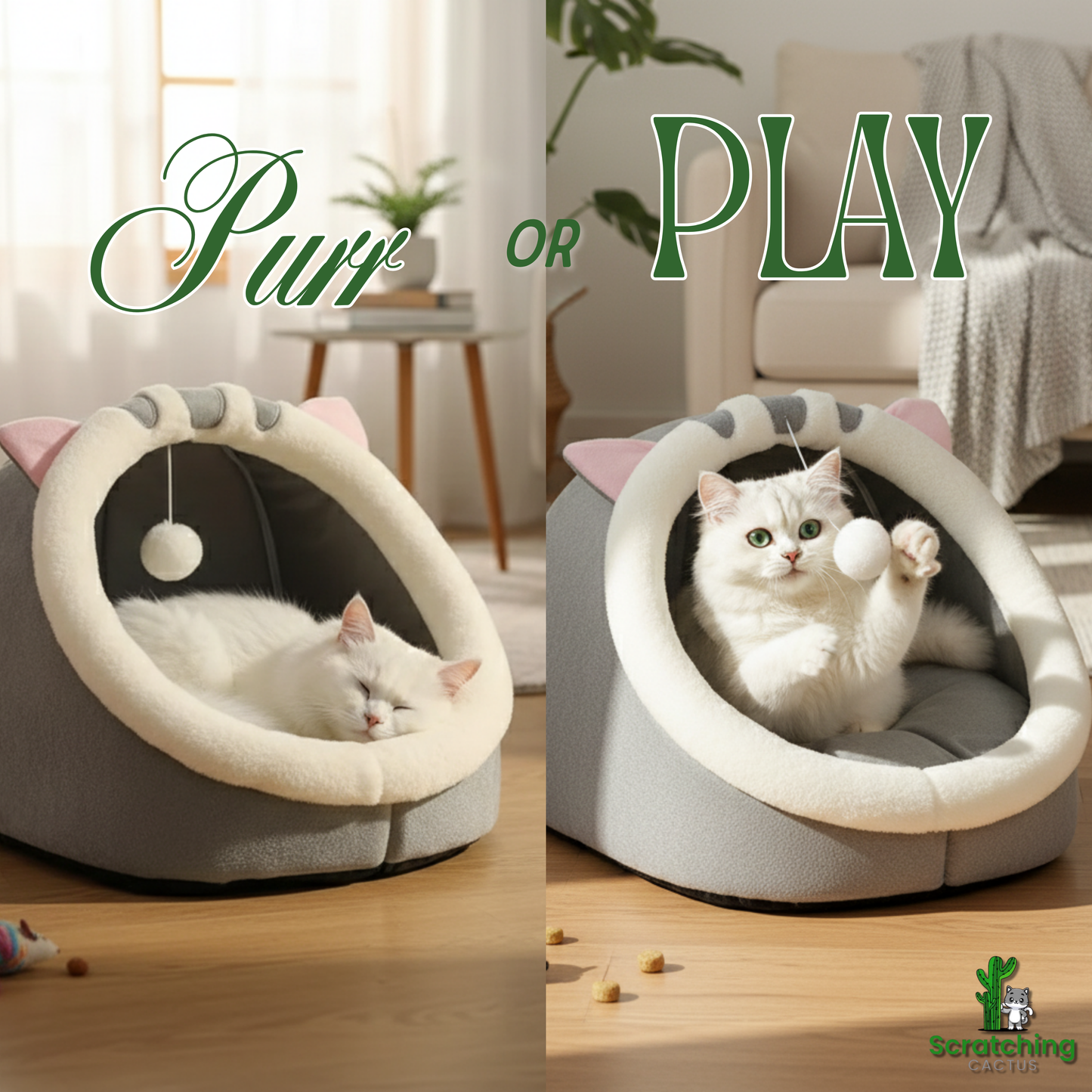 Cozy Cat Cave Bed with Cute Ears – Warm, Breathable & Detachable Cat House